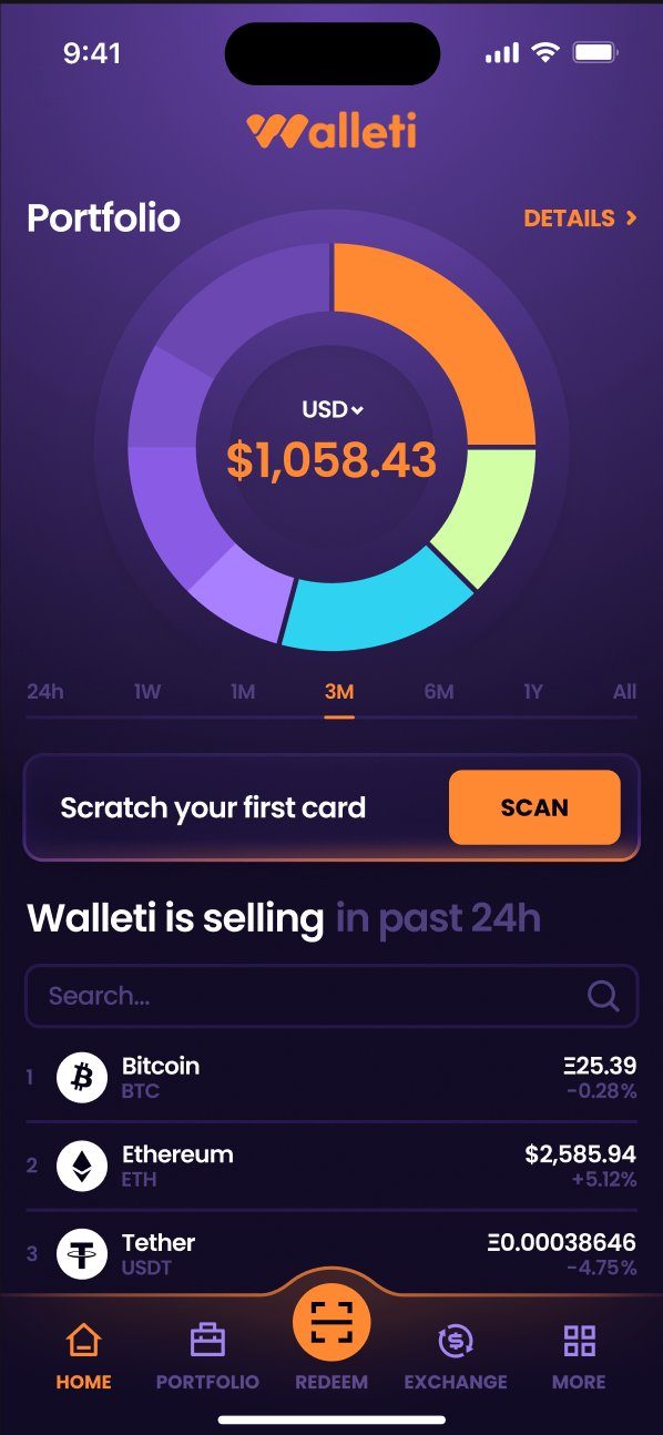 Walleti app home screen showing the portfolio balance, a scan your first card button, market prices and the Home, Portfolio, Redeem, Exchange and More tabs